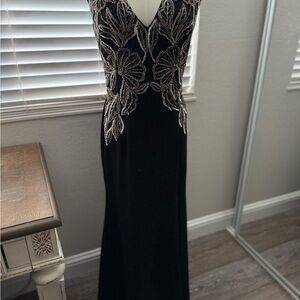 Adrianna Papell Black Maxi Dress with Gold Leaf Design